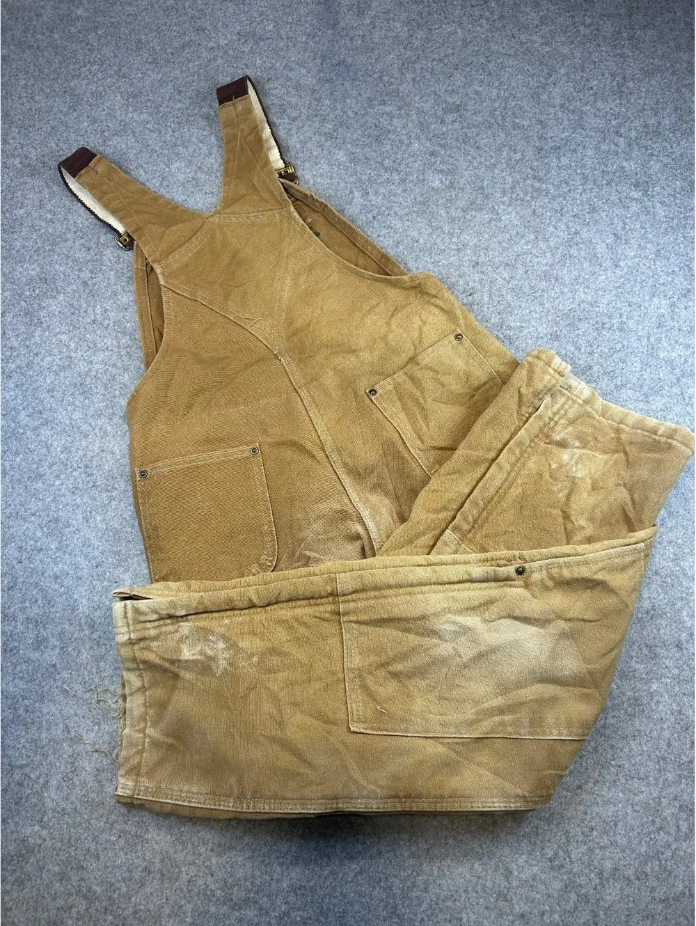 Carhartt Youth Overalls Y09-BRN 14-16 Faded Distressed Duck Bib Double Knee
